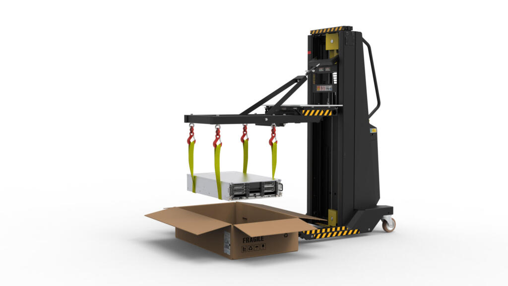 DataLift with LiftAssist DC lifting a server on four yellow straps out of an open cardboard box marked FRAGILE