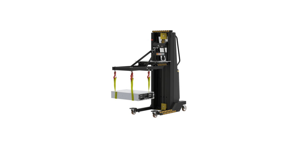 DataLift with LiftAssist DC holding a server on yellow straps under the four-hook frame
