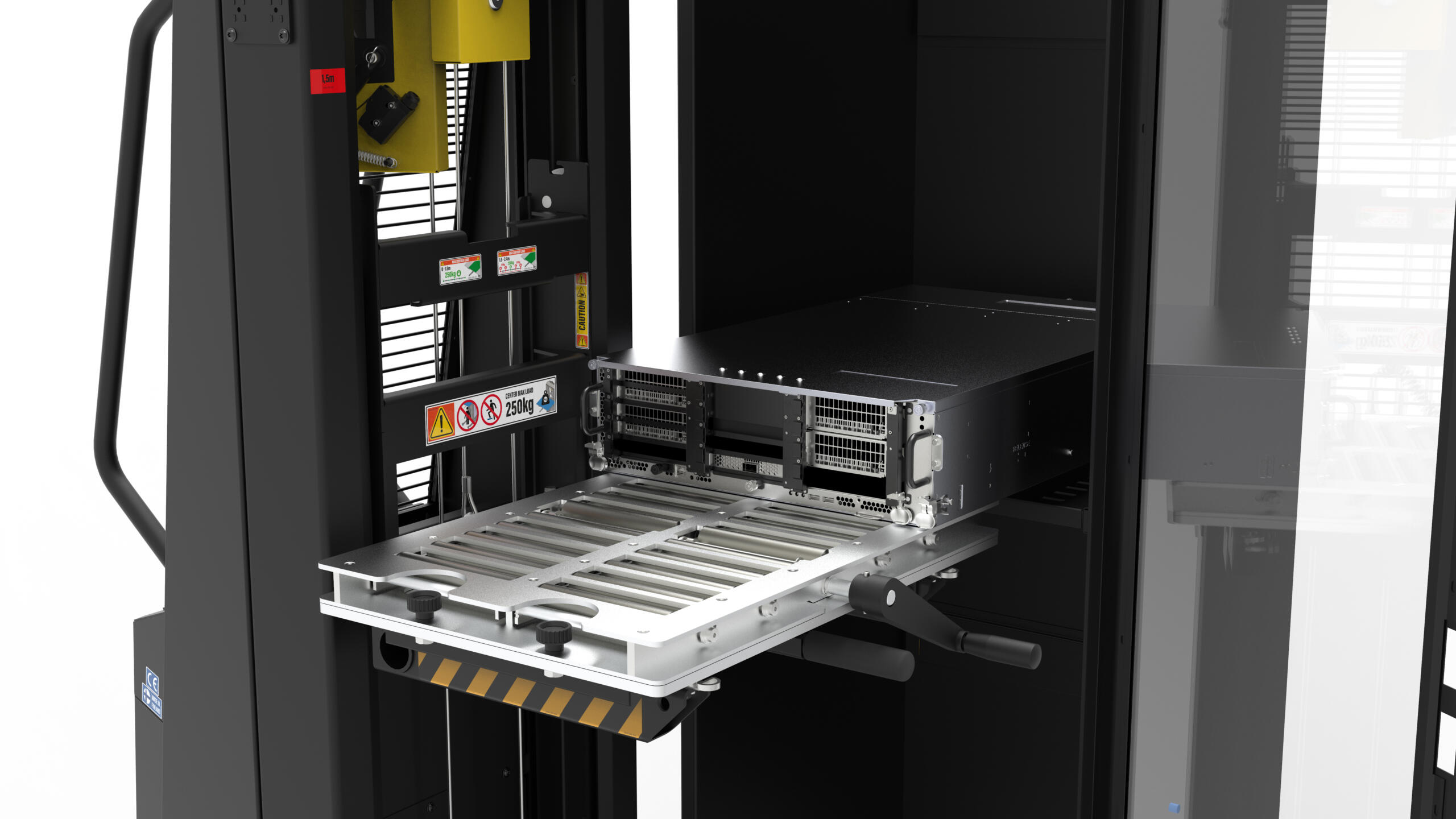RollerBoard DC on a DataLift, a server rolling from the deck into an open rack