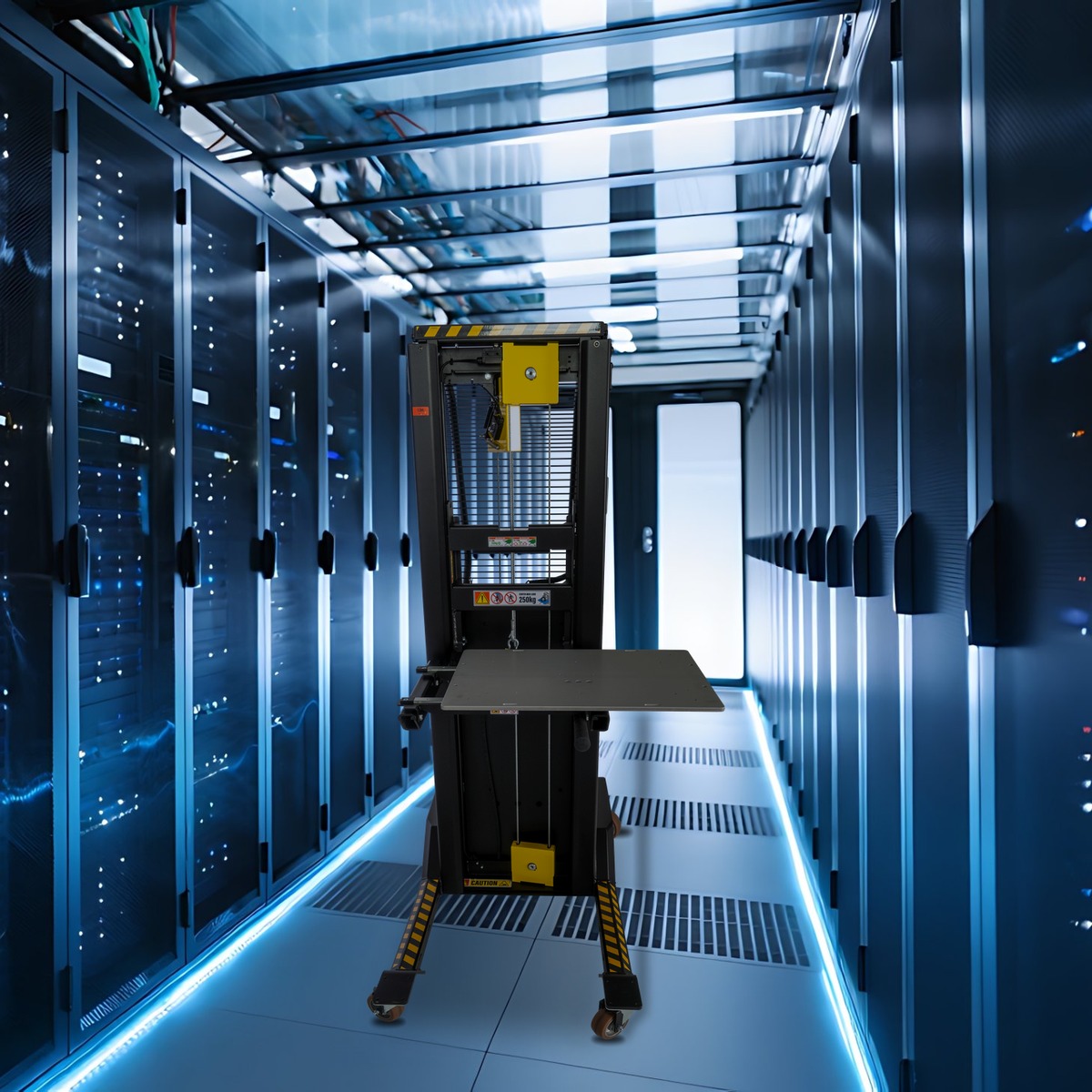 DataLift E Pro server lift in a blue-lit data centre aisle between rows of server racks.
