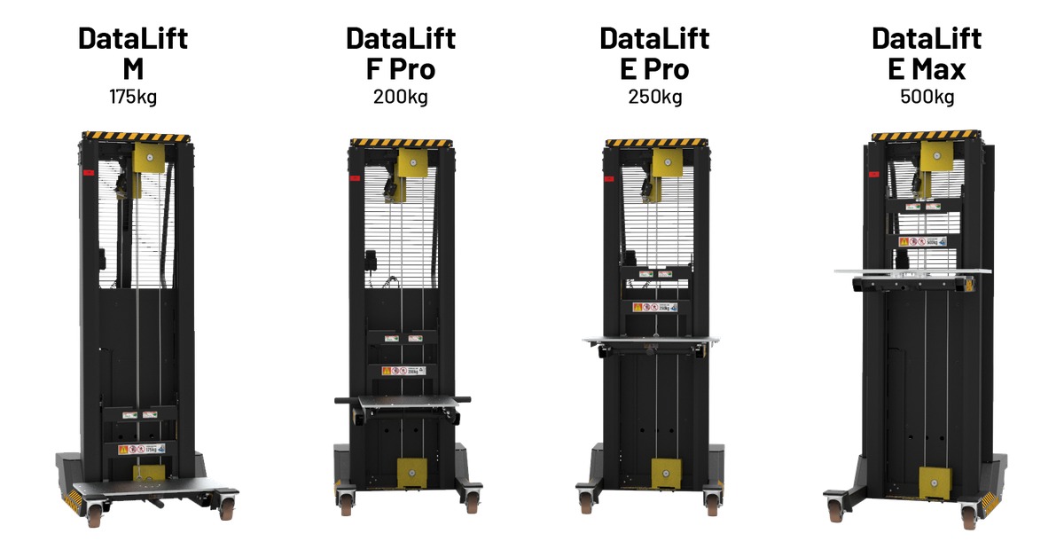 Four DataLift server lifts side by side: DataLift M 175kg, DataLift F Pro 200kg, DataLift E Pro 250kg and DataLift E Max 500kg.
