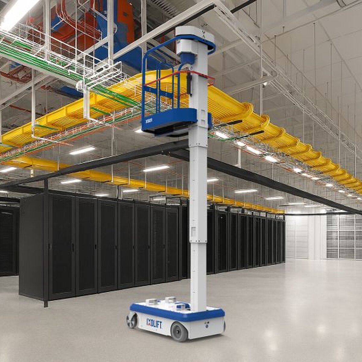 IXOLIFT X510 people lifter raised to ceiling-level cable trays above server racks in a data hall